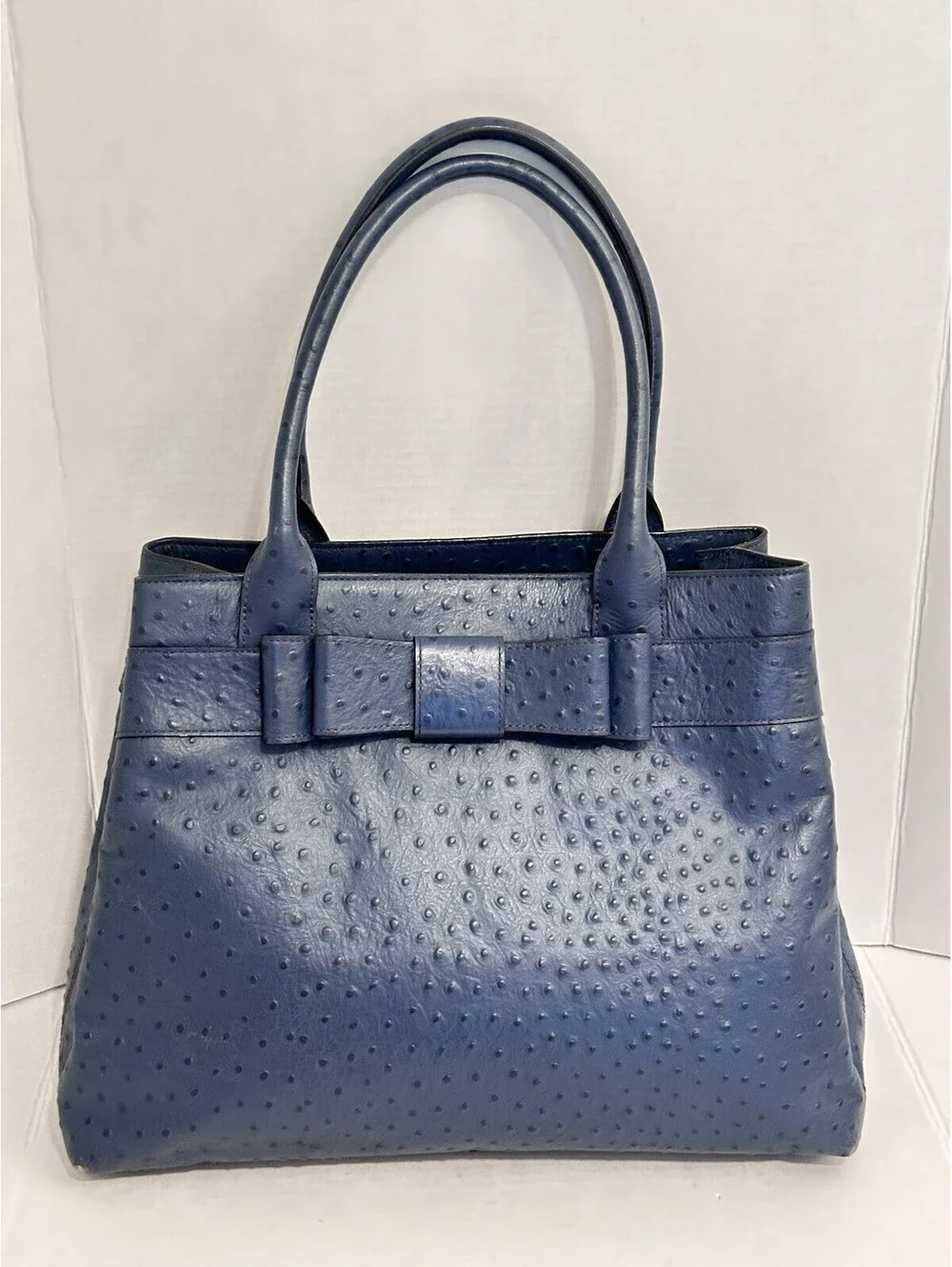 Kate Spade Diehl Blue Ostrich Embossed Leather Bow Tote Shoulder Bag